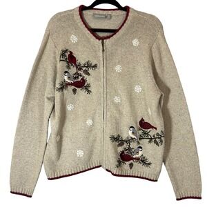 Croft &‎ Barrow Sz PL Cardigan Sweater Tan Birds Embroidered Full Zip Cardinals